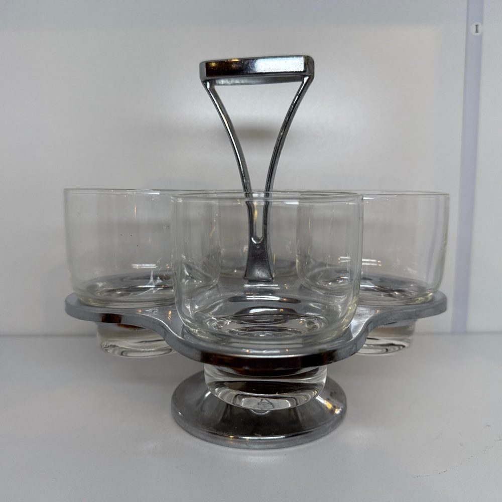 MCM Vintage Barware 1960s Chrome Caddy & Rotating Lazy Susan Set of 4 Glasses - Picture 3 of 9